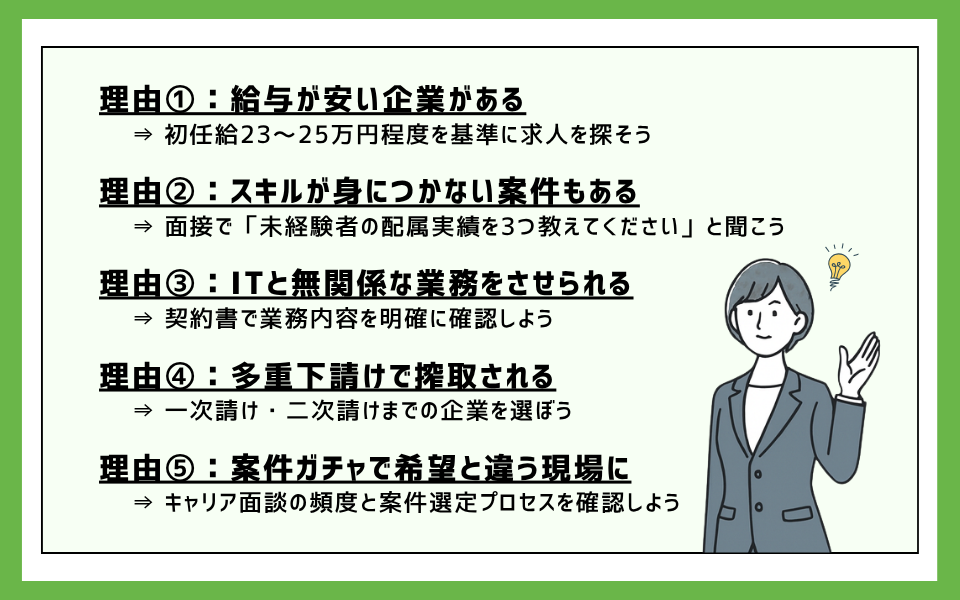SES未経験やめとけと言われる5つの理由と対策を解説した図