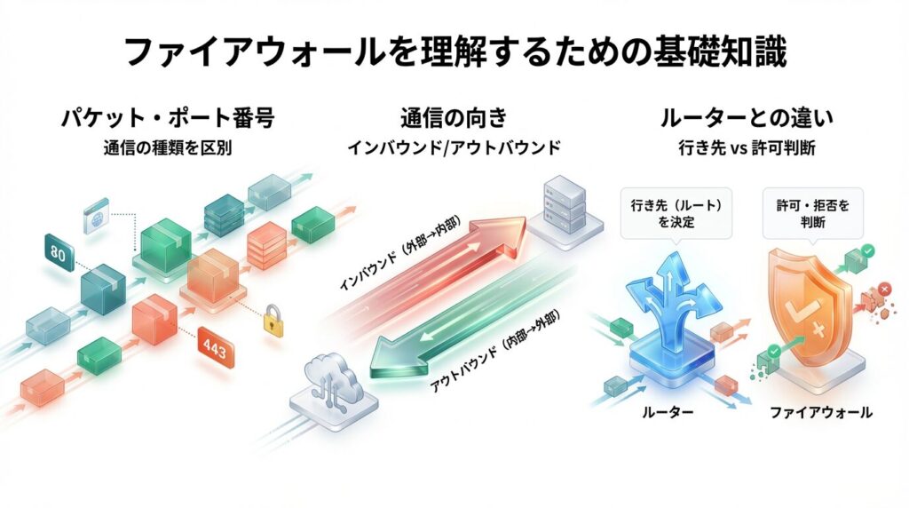 パケットとポート番号の考え方、通信の向き、ルーターとの違いそれぞれを簡潔にまとめた図