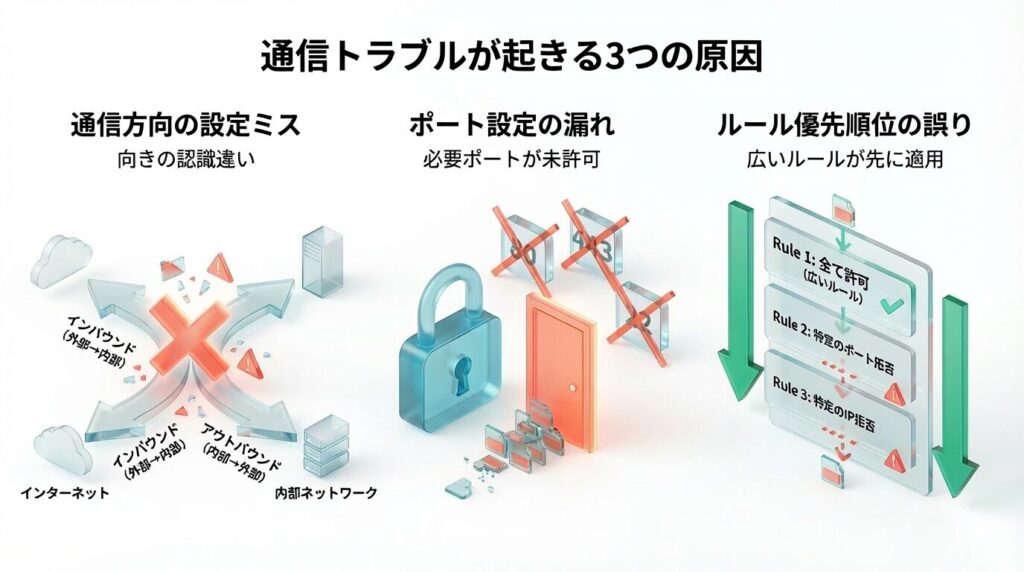 通信トラブルが起きる3つの原因を簡潔に説明した図