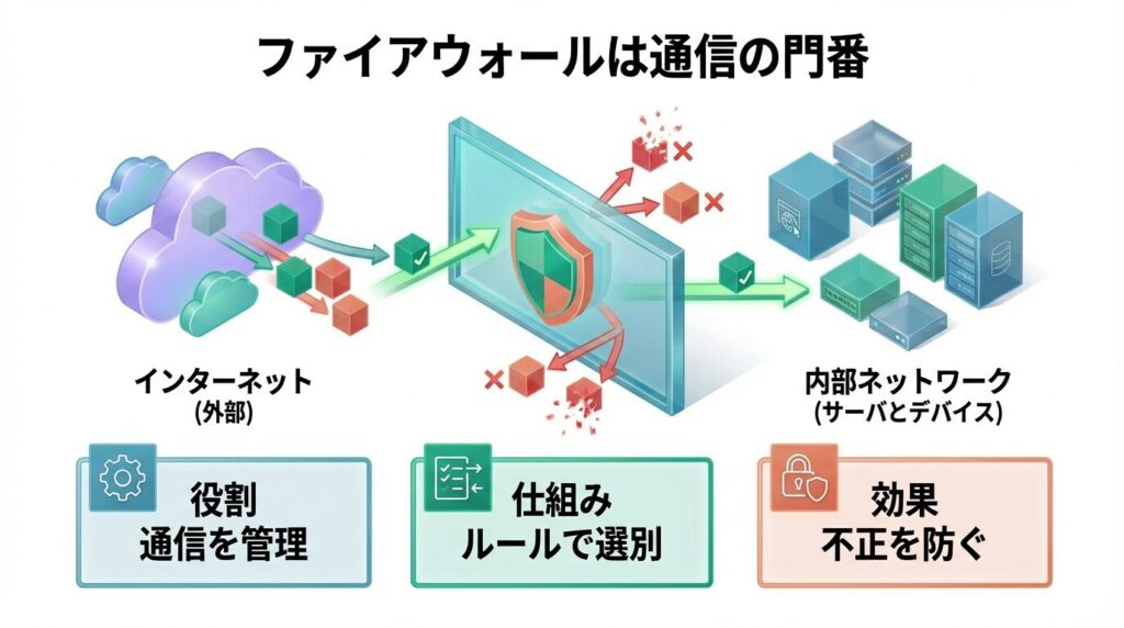 ファイアウォールとは通信の門番であることを簡潔にまとめた図