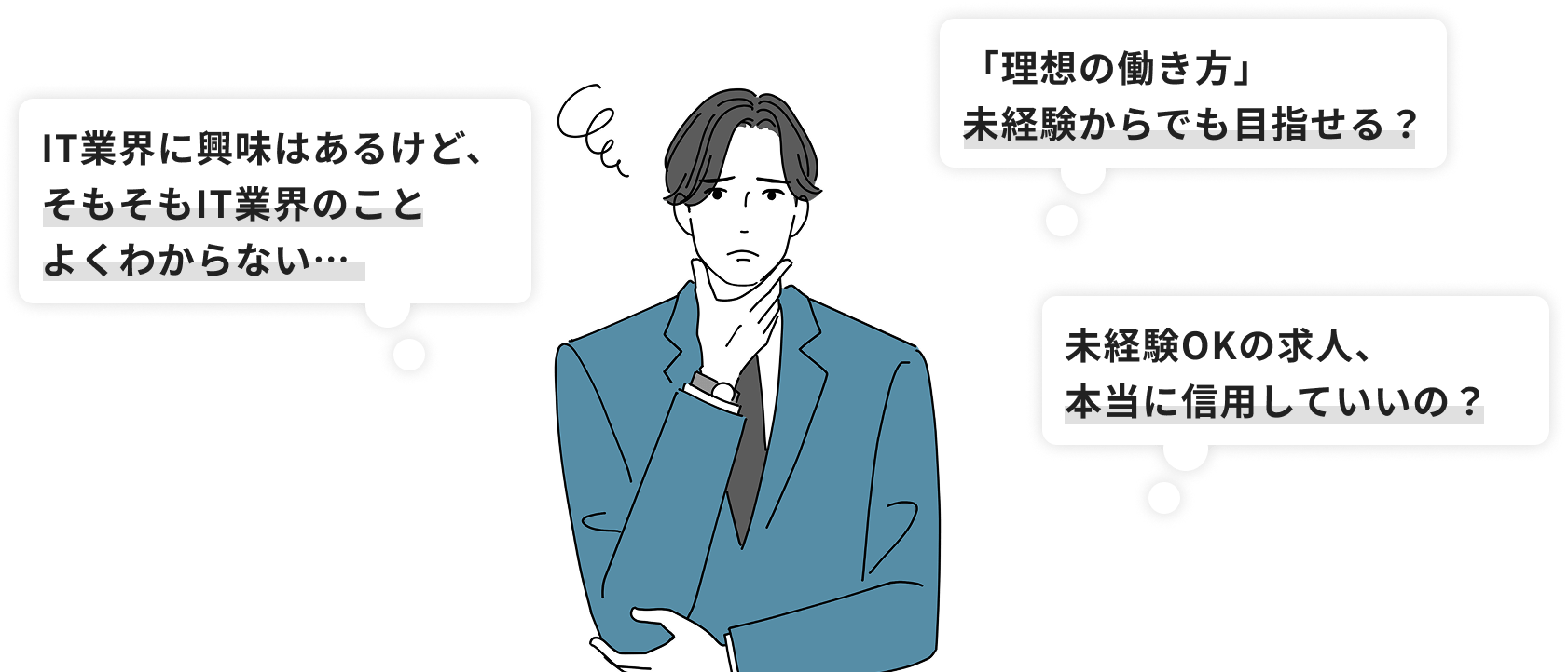 IT業界への転職に不安を感じている男性。IT業界がよくわからない、理想の働き方ができるのか不安、未経験OK求人を信用していいのか悩んでいる様子