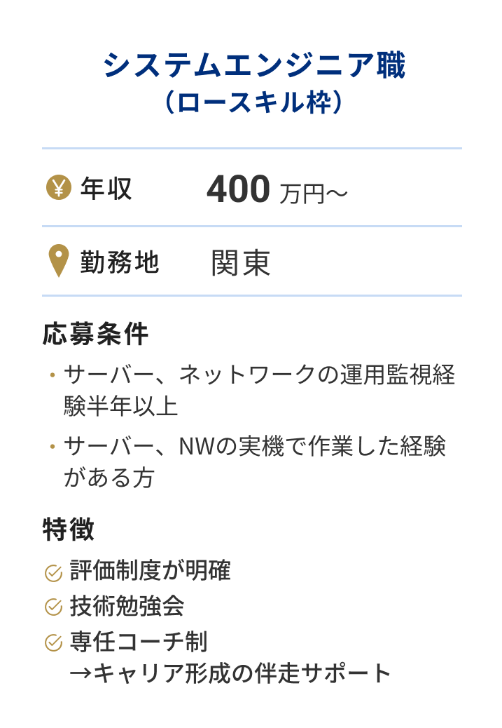 実際の求人例：システムエンジニア職（ロースキル枠）年収400 万円～
