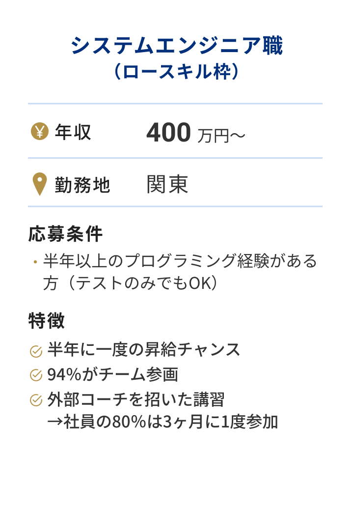 実際の求人例：システムエンジニア職（ロースキル枠）年収400 万円～